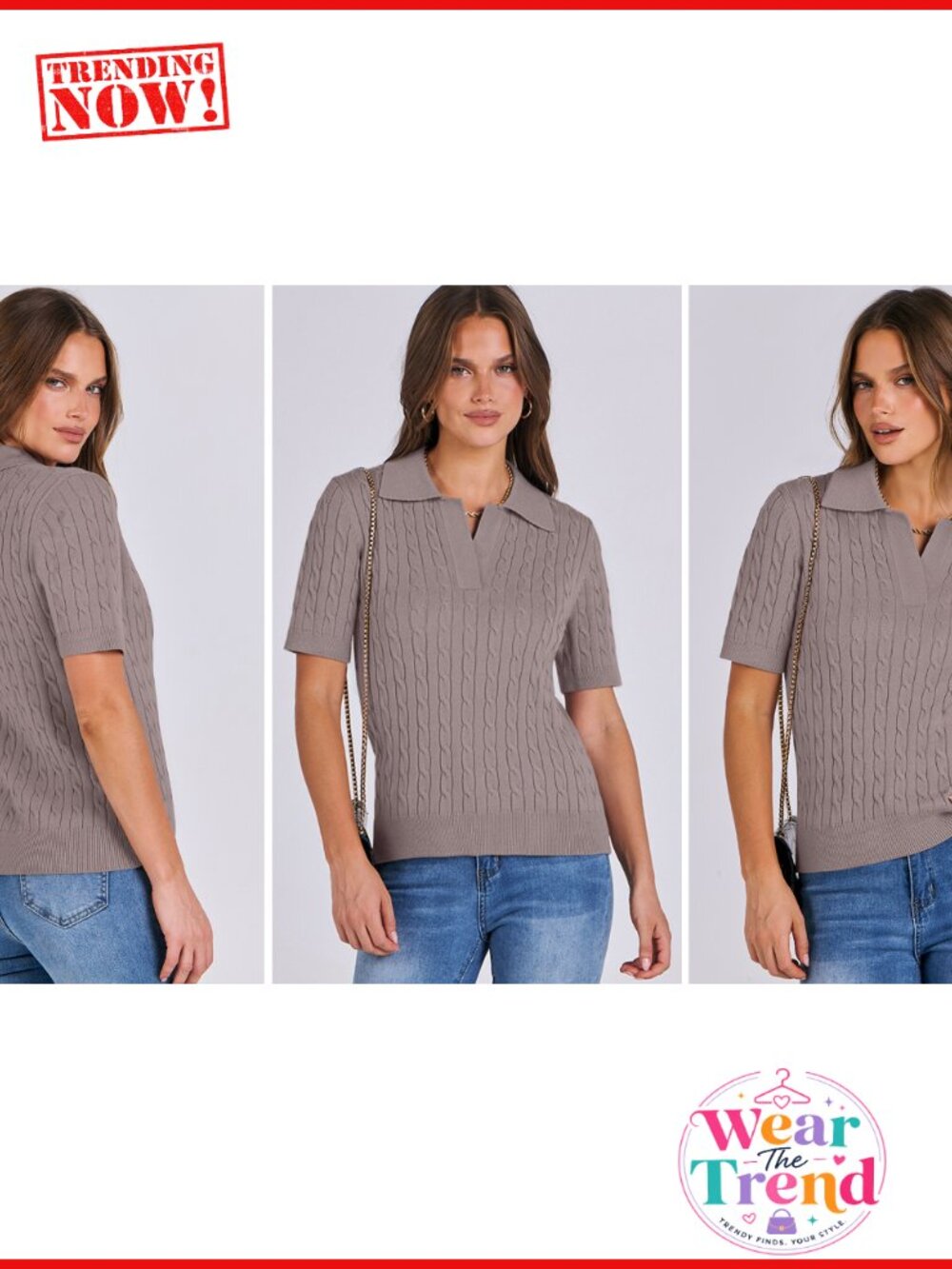 Womens Short Sleeve Cable Knit Polo Sweater Loose Fit V-Neck Pullover - Picture 5 of 5